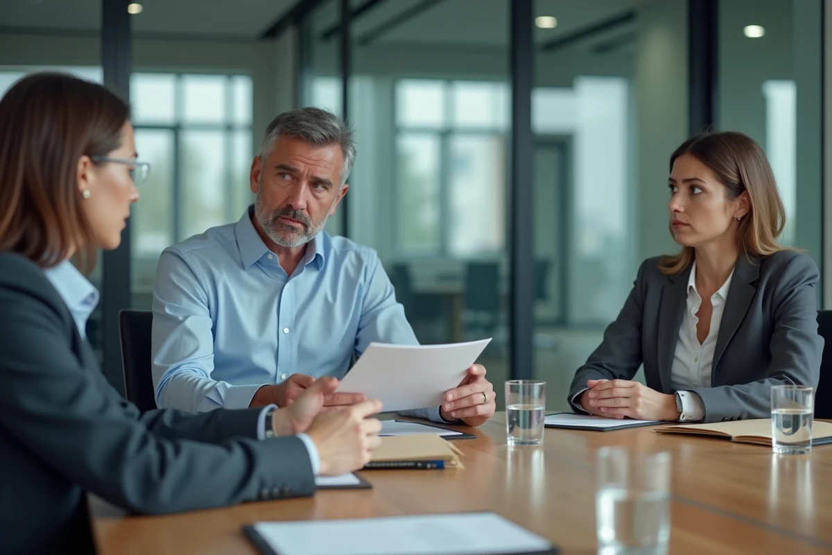 Employé recevant une notification de licenciement de la part d'un responsable RH dans une salle de réunion d'entreprise