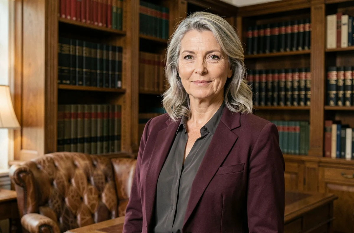 Maître Catherine Ardonceau, avocate au barreau de Lille, portrait dans un bureau traditionnel avec bibliothèque juridique en arrière-plan