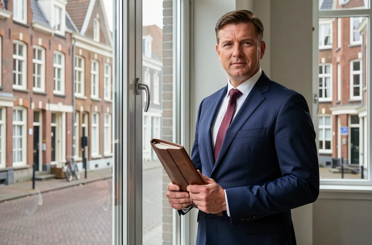 Maître Fabien Rincon, avocat d'affaires à Lille, en costume marine devant une fenêtre avec vue sur l'architecture flamande de la ville