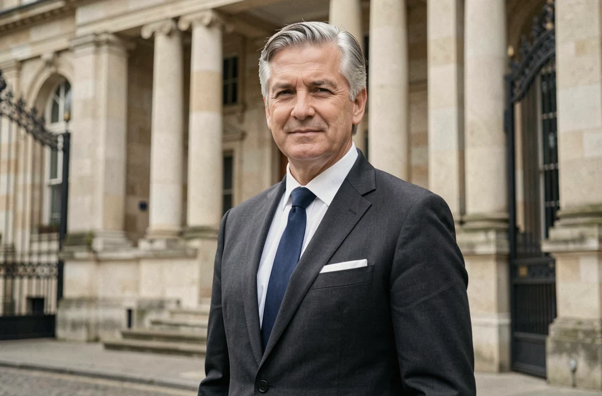 Maître Franck Spriet, avocat au barreau de Lille, devant le palais de justice de Lille en costume sombre avec pochette blanche