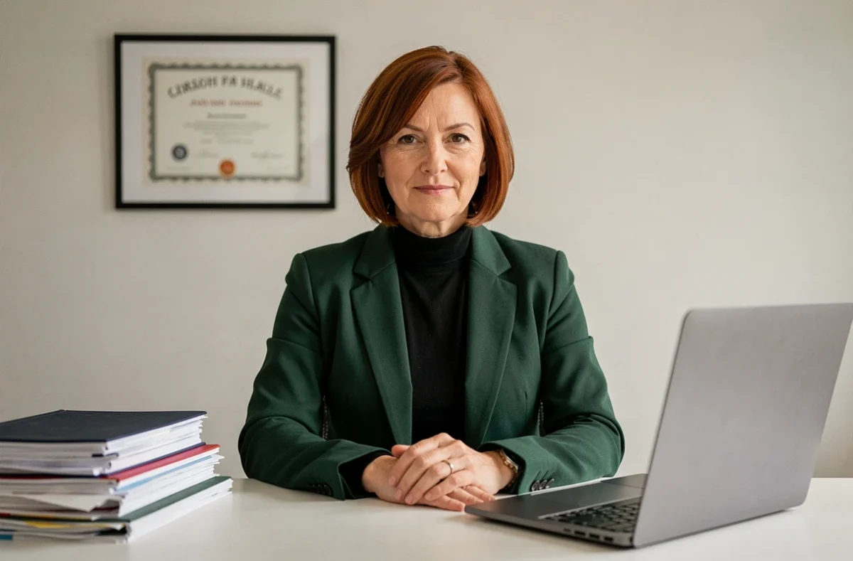 Maître Sylvie Bailleul, avocate au barreau de Lille, portrait professionnel dans son bureau organisé avec diplôme encadré au mur