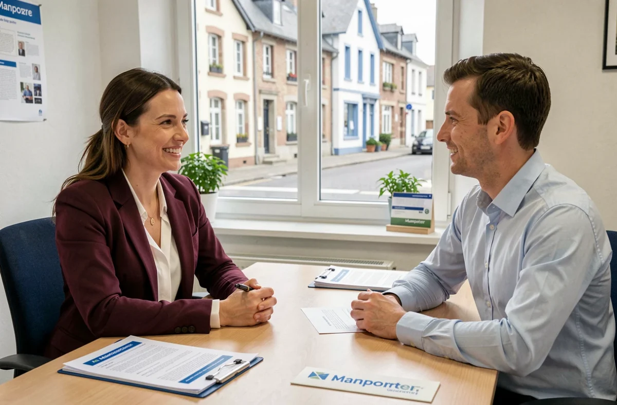 Conseillère Manpower Quimper en entretien d'emploi avec un candidat dans les locaux de l'agence