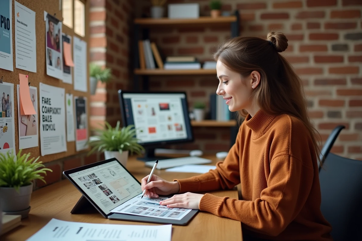 Chargée de marketing créatif travaillant sur une campagne visuelle avec tableau d'inspiration dans un studio moderne