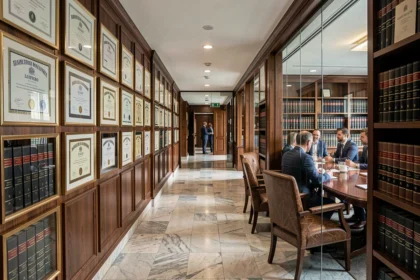 Vue large d'un cabinet d'avocats d'affaires dans le Nord, couloir élégant avec bibliothèque juridique et salle de conférence vitrée en arrière-plan