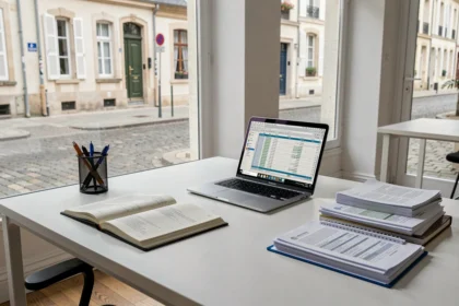 Bureau d'expert-comptable professionnel dans l'Ain avec documents financiers et ordinateur portable