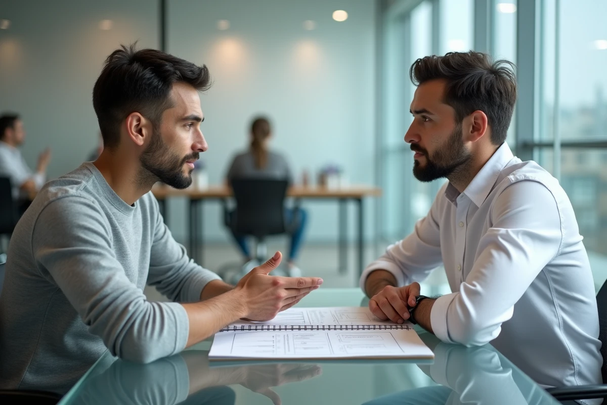 Séance de mentorat entre deux entrepreneurs dans un bureau vitré d'un espace de co-working dédié à l'innovation