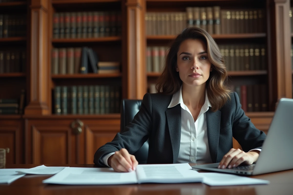 Avocate en costume dans un cabinet juridique entouré de livres de droit, illustrant les professions juridiques parmi les mieux payées
