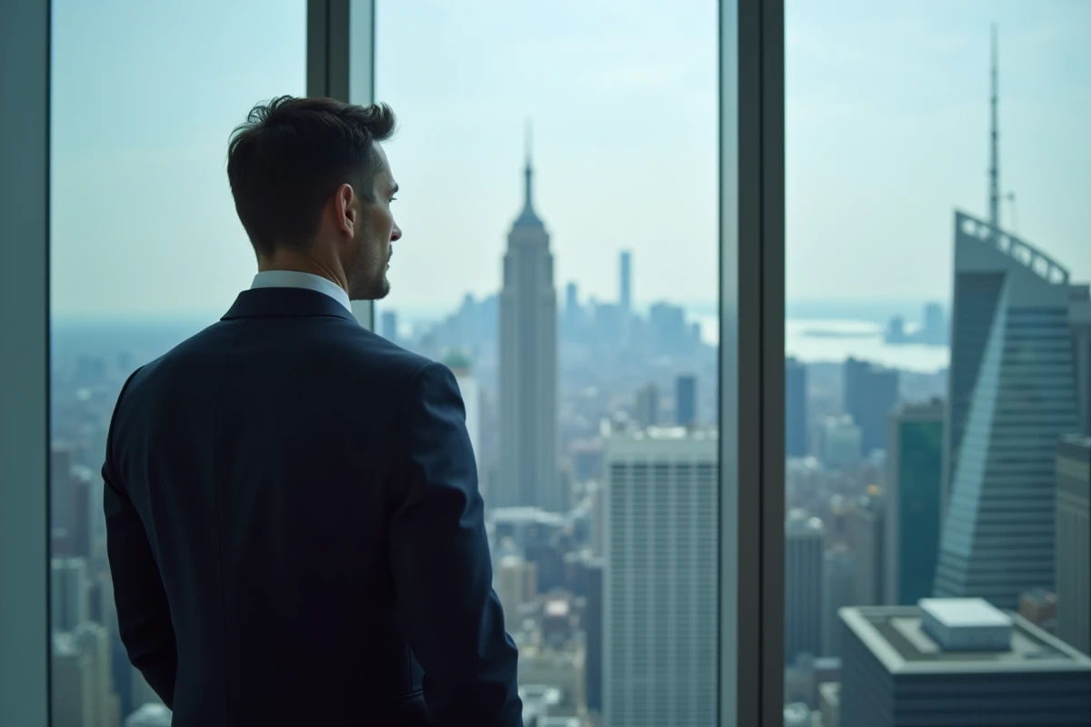 Cadre financier en costume devant une vue panoramique de gratte-ciels, symbolisant les hauts salaires dans le secteur de la finance