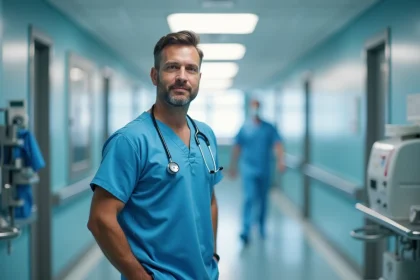 Chirurgien en blouse médicale dans un couloir d'hôpital moderne, représentant l'un des métiers les mieux rémunérés du secteur médical