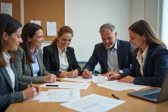 Membres d'une association signant les nouveaux statuts après un changement de bureau lors d'une réunion administrative