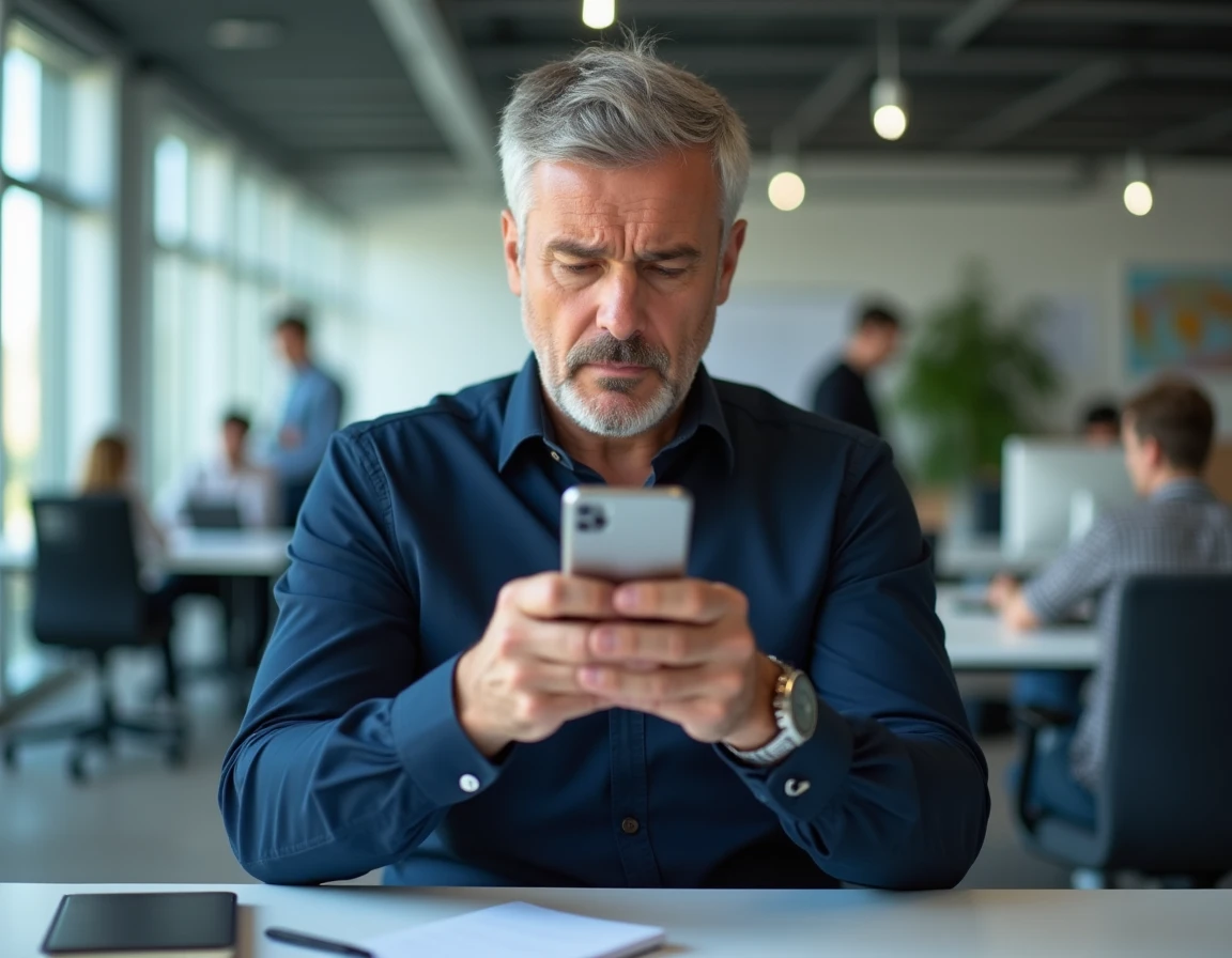 Homme en entreprise consultant son téléphone pour récupérer un mot de passe oublié