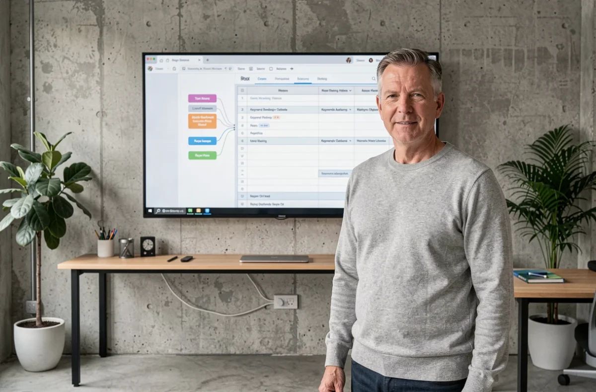 Responsable digital debout devant un écran affichant l'architecture d'un site web lors d'une préparation pour collaborer avec une agence GEO