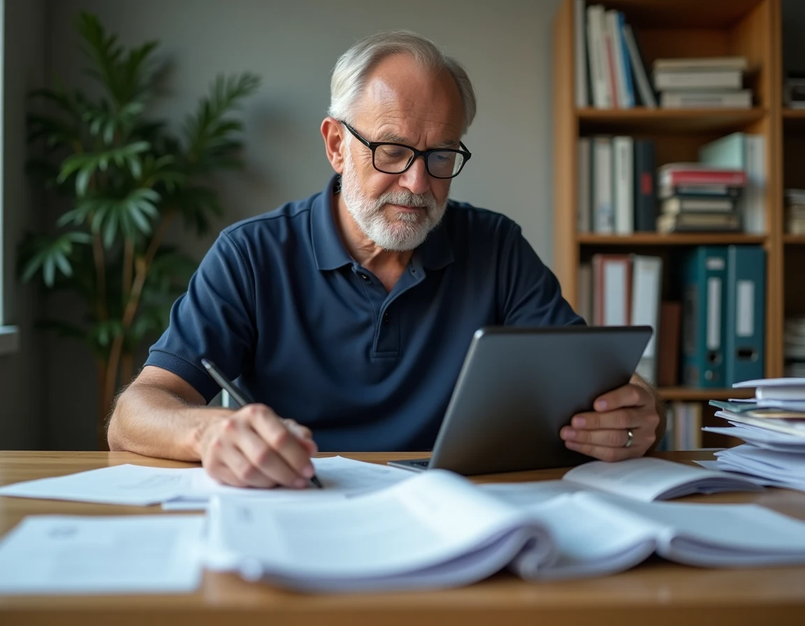 Homme organisant ses anciens documents administratifs papier tout en utilisant une tablette numérique pour les archiver sur My People Doc