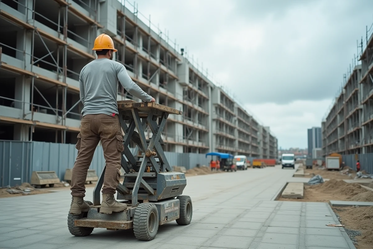 Ouvrier manœuvrant une nacelle ciseaux électrique sur un chantier urbain de rénovation avec engins de location au premier plan