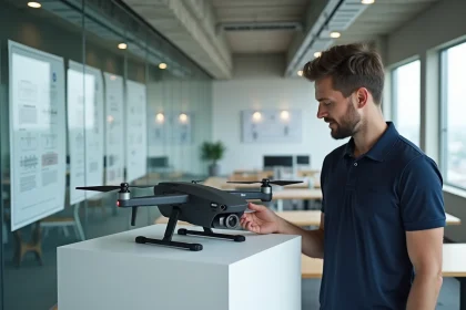 Ingénieur de Parrot Corp examinant un prototype de drone dans un bureau moderne avec des plans techniques sur une paroi en verre