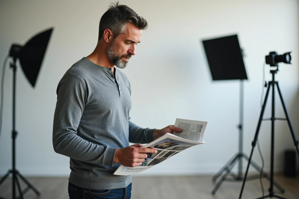 Photographe masculin parcourant un magazine spécialisé en photographie dans son studio professionnel