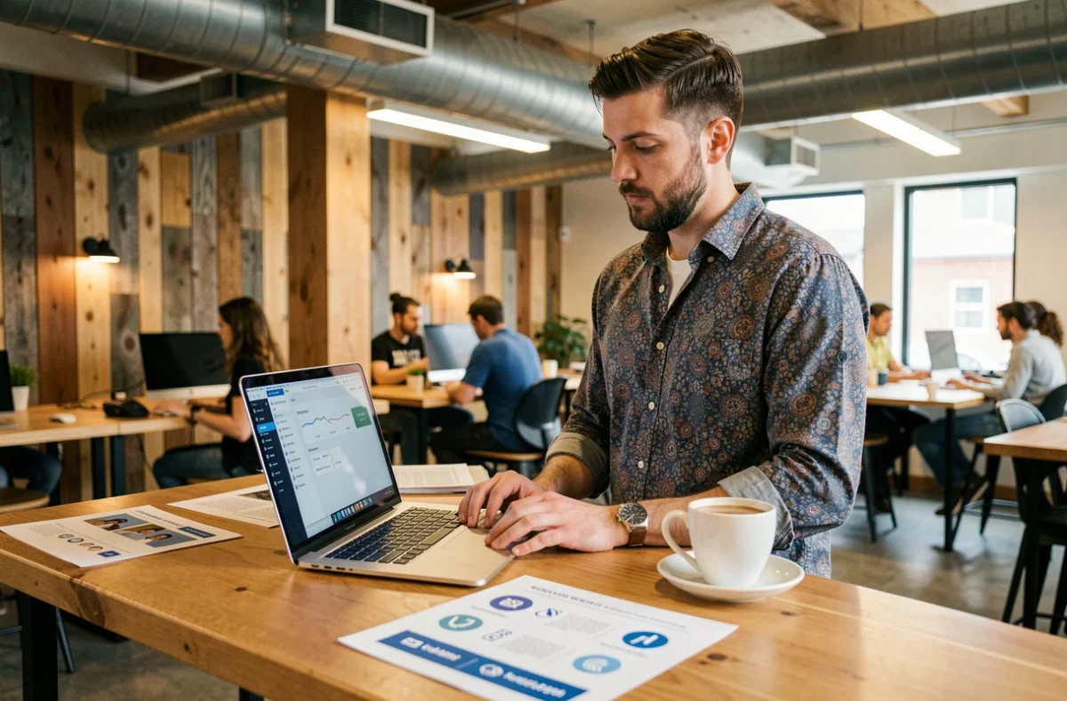 Développeur de l'agence Pickers gérant un CMS sur laptop dans un espace de coworking tendance en Île-de-France