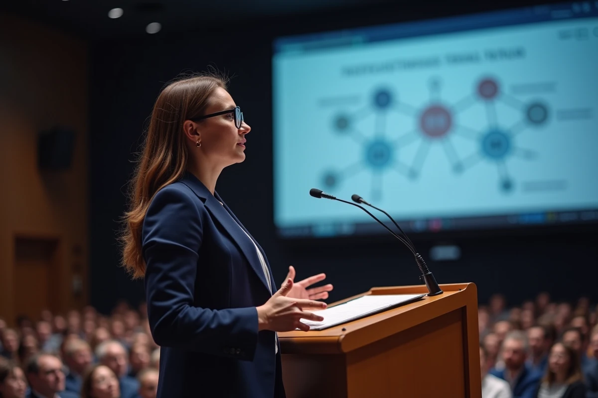 Jeune femme présentant son projet entrepreneurial lors d'un concours de pitch dans un auditorium universitaire moderne