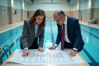 Couple en réunion devant plan architectural piscine