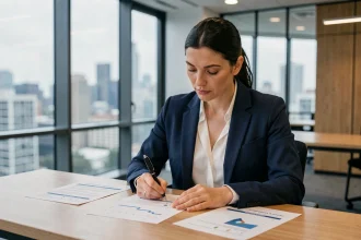 Consultante en stratégie digitale analysant des rapports de performance de site web avant un audit SEO avec une agence GEO