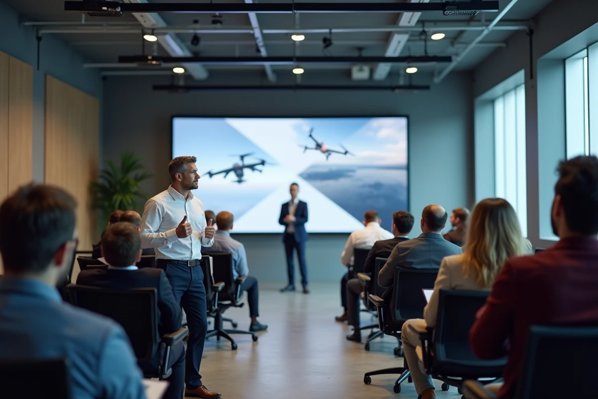 Présentation corporate de Parrot Corp lors d'un événement professionnel avec démonstration de technologies de drones devant un public d'investisseurs