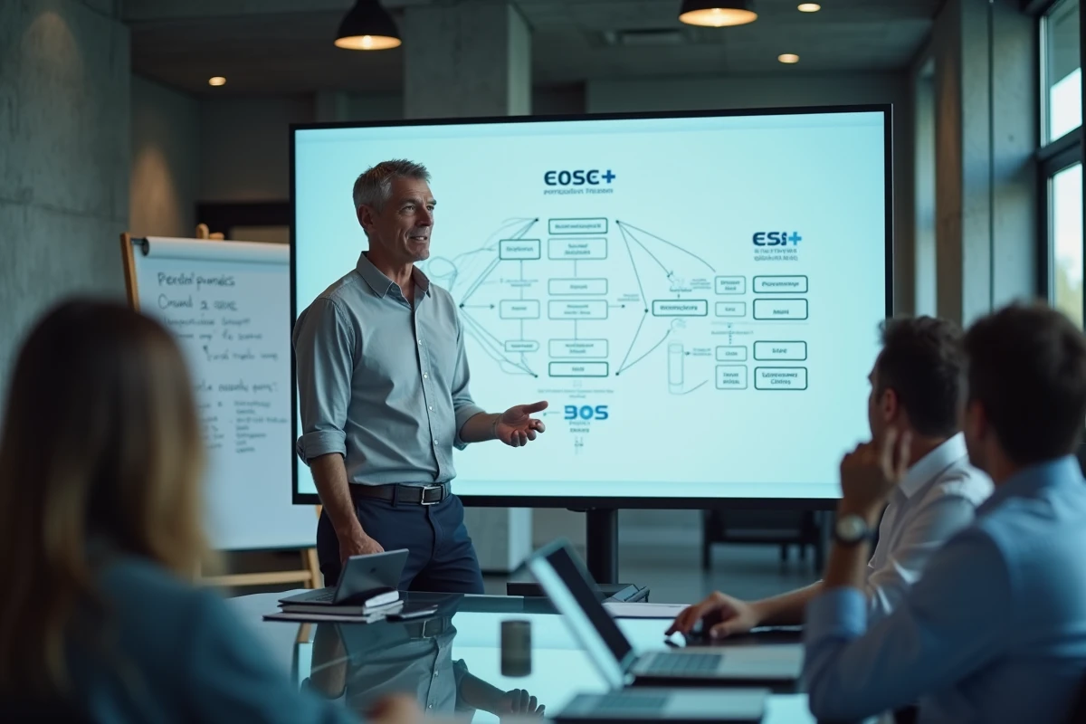 Homme présentant des diagrammes de transition organisationnelle devant un écran numérique lors d'une réunion professionnelle sur l'Observatoire de l'ESS