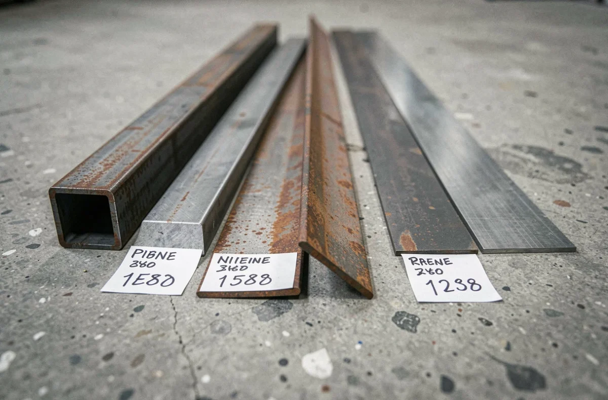 Présentation de différents produits en fer au détail : barre plate, tube carré, cornière et tôle acier avec étiquettes de prix