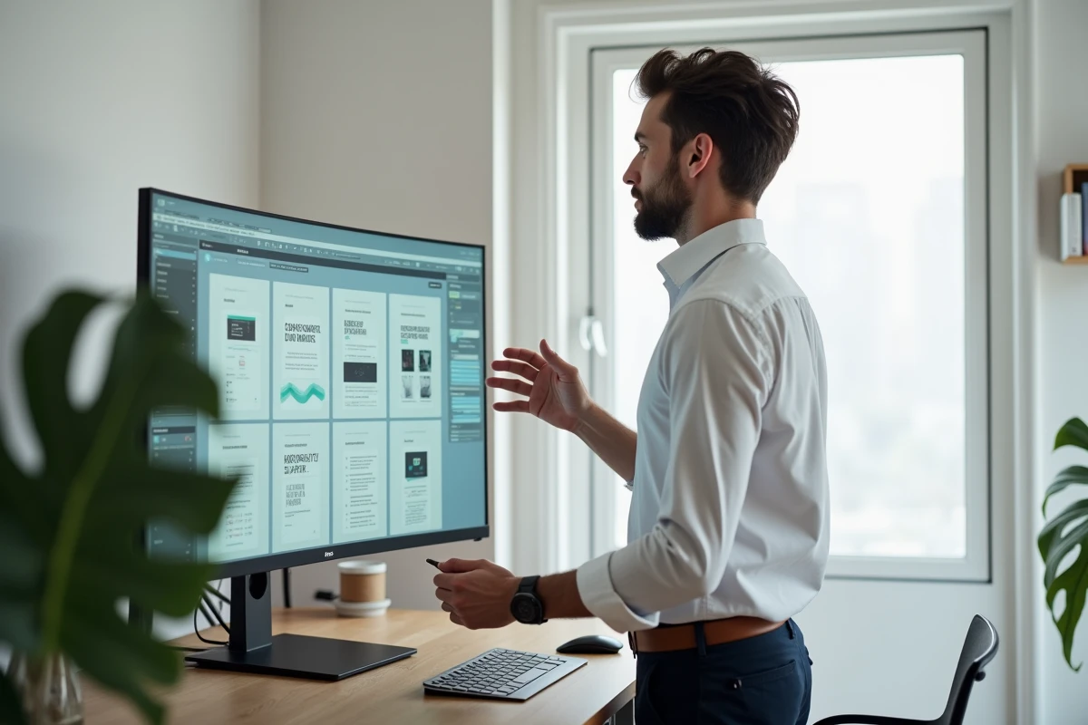 Professionnel créatif debout assemblant une présentation client avec des ressources téléchargées depuis Envato Elements