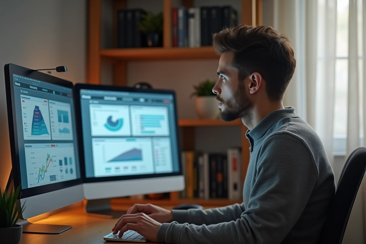 Professionnel du marketing travaillant sur une plateforme B2B structurée depuis un bureau à domicile