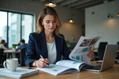 Professionnelle analyste lisant un magazine business dans un bureau moderne avec un environnement de travail contemporain