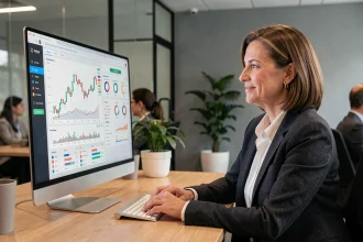 Professionnelle utilisant un outil d'analyse de marché sur ordinateur pour gagner du temps dans sa stratégie commerciale