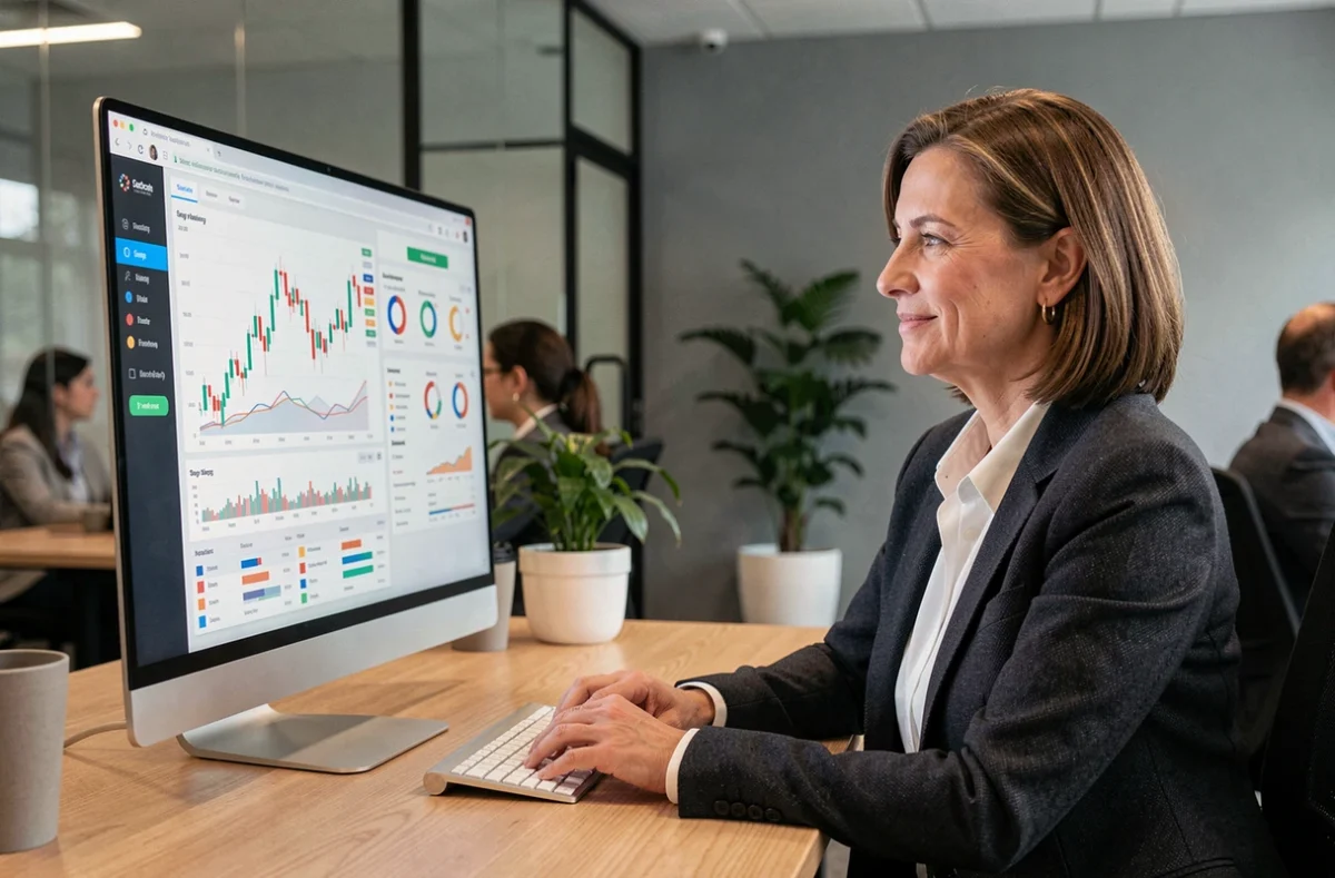 Professionnelle utilisant un outil d'analyse de marché sur ordinateur pour gagner du temps dans sa stratégie commerciale