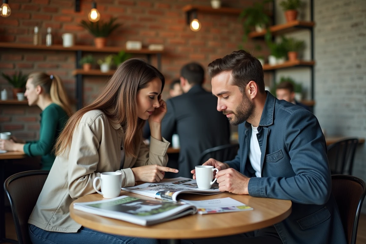 Deux professionnels de la photographie discutant stratégie commerciale autour du magazine SLR dans un café