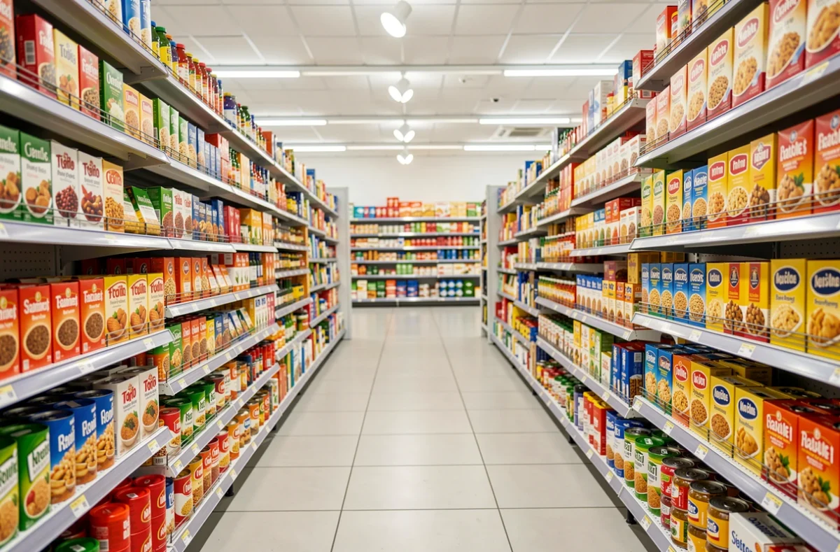 Rayons d'un supermarché bien approvisionnés en produits alimentaires
