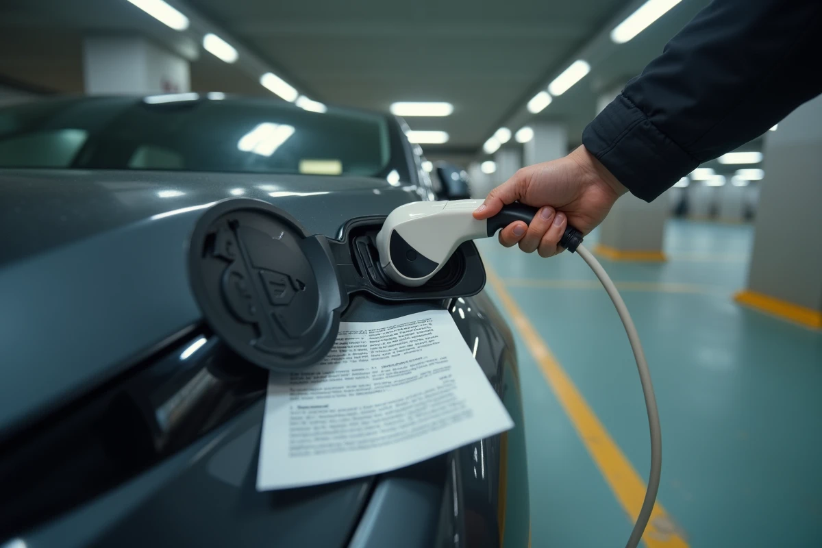 Gros plan sur le branchement d'un câble de recharge électrique avec un document fiscal sur une voiture de société