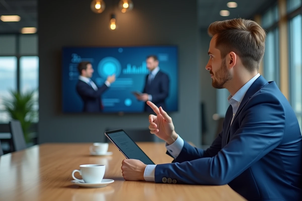 Recruteur en costume bleu pr&eacute;sentant un portfolio lors d