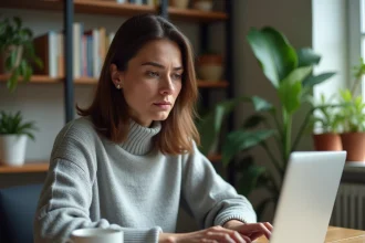 Femme tapant ses identifiants oubliés sur un ordinateur portable dans un bureau à domicile