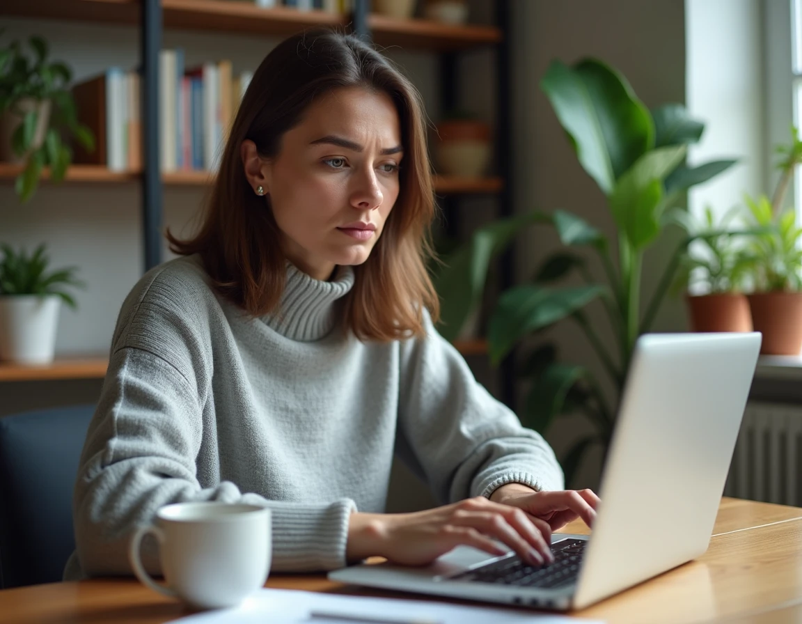 Femme tapant ses identifiants oubliés sur un ordinateur portable dans un bureau à domicile