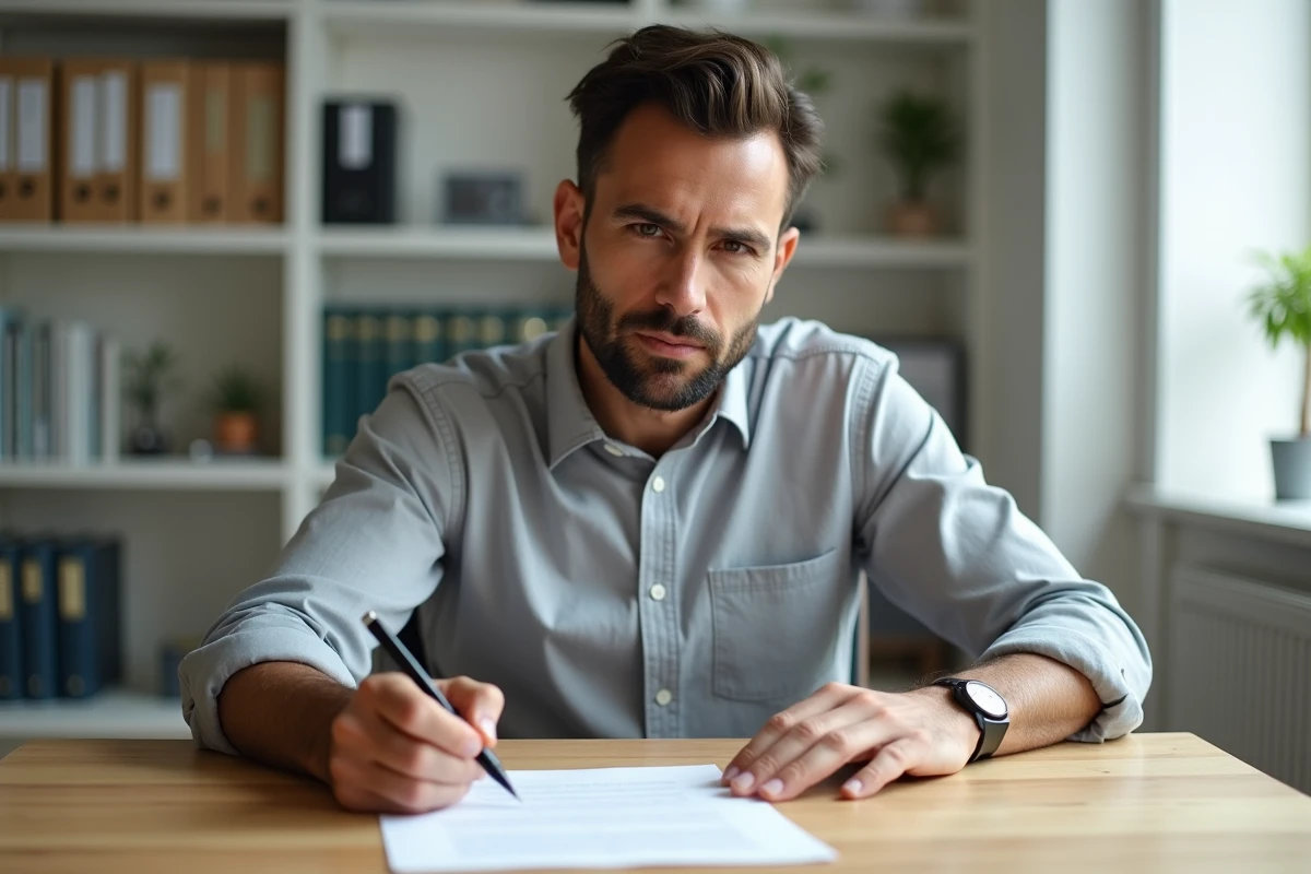 Homme rédigeant une lettre de demande de rupture conventionnelle à son bureau à domicile