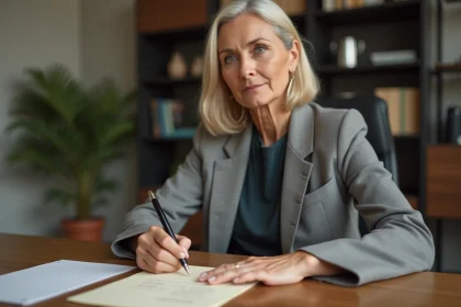 Femme en blazer gris rédigeant un message de condoléances manuscrit à son bureau