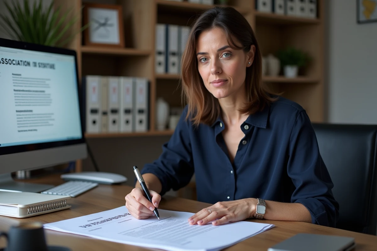 Femme administratrice annotant les statuts modifiés d'une association après un renouvellement de bureau