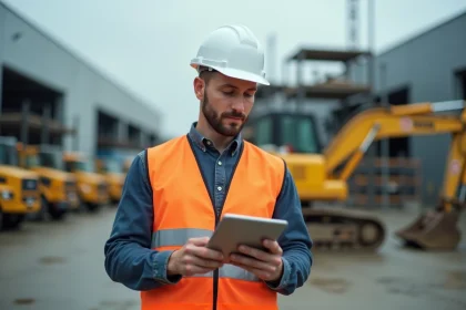 Responsable de chantier consultant une tablette devant un parc de matériel Loxam avec engins de construction en arrière-plan