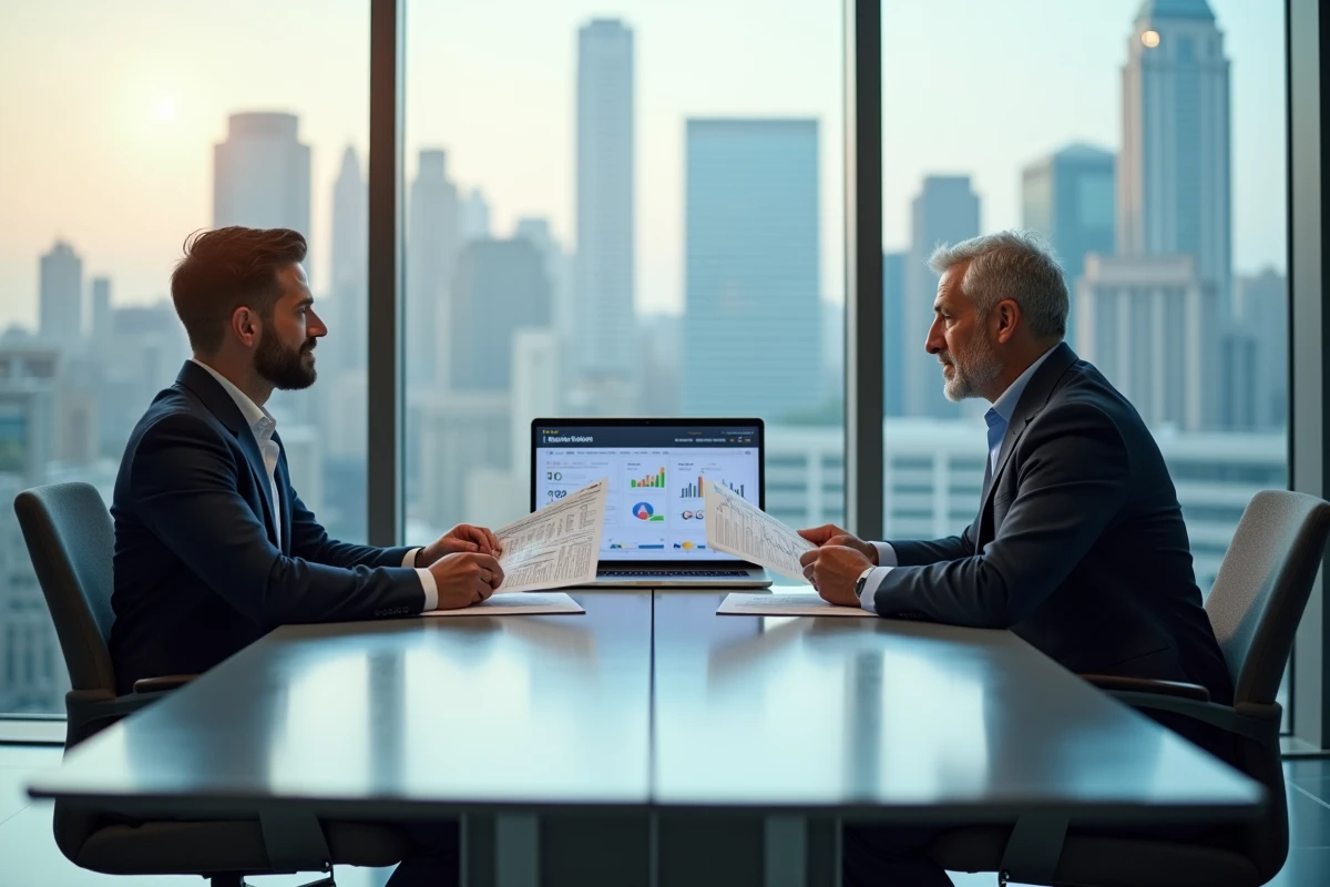 Deux professionnels analysant des rapports de stratégie marketing B2B lors d'une réunion d'entreprise