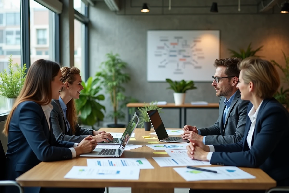 Équipe de direction en réunion stratégique autour de rapports RSE et de plans de management durable dans une salle de conférence moderne