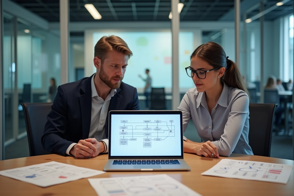 Deux professionnels en réunion analysant la configuration d'une intégration API entre Twimm et des outils métier ERP dans une salle de conférence