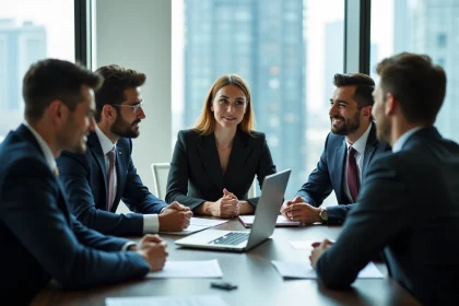 Groupe de jeunes professionnels en réunion dans un bureau moderne