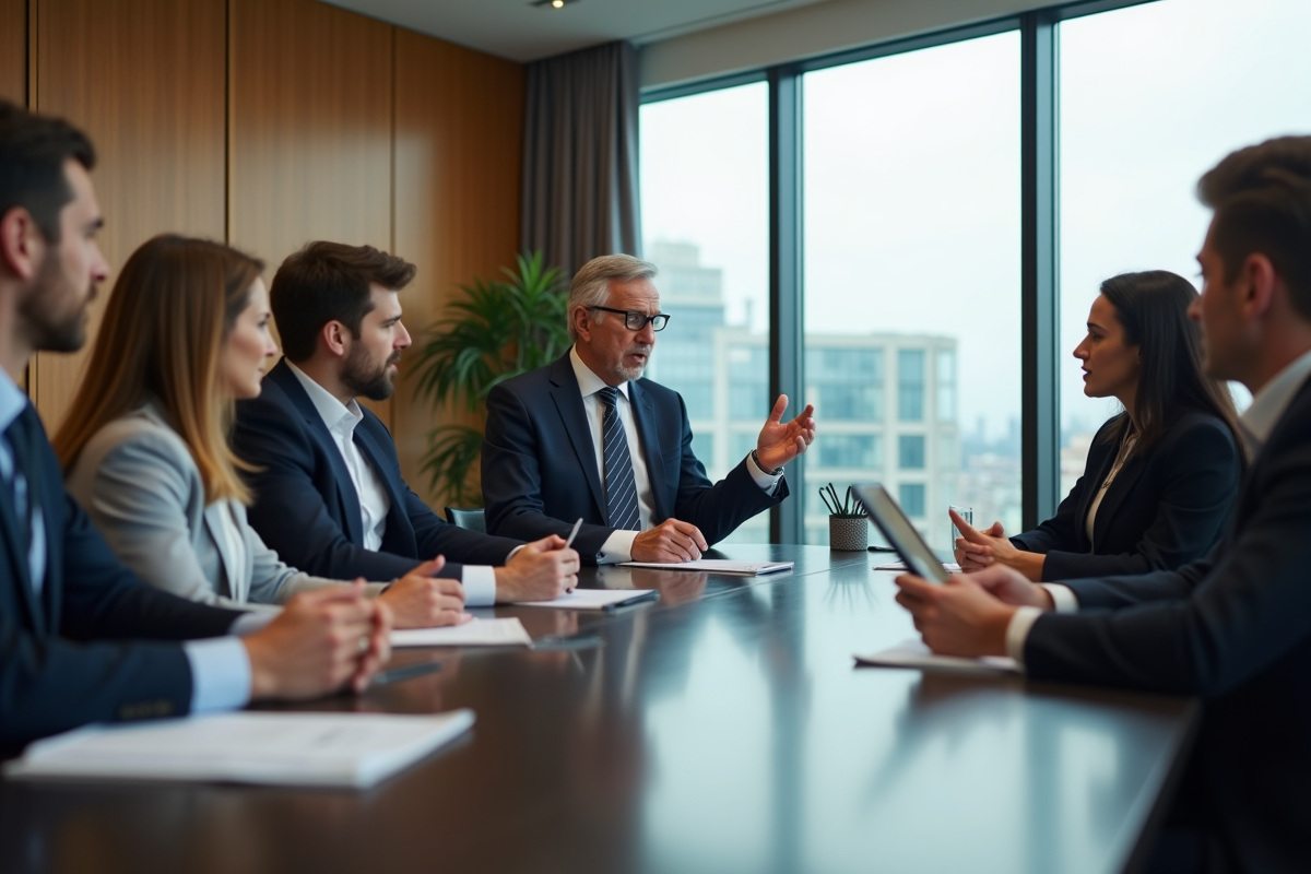 Professionnels en réunion dans une salle de conférence