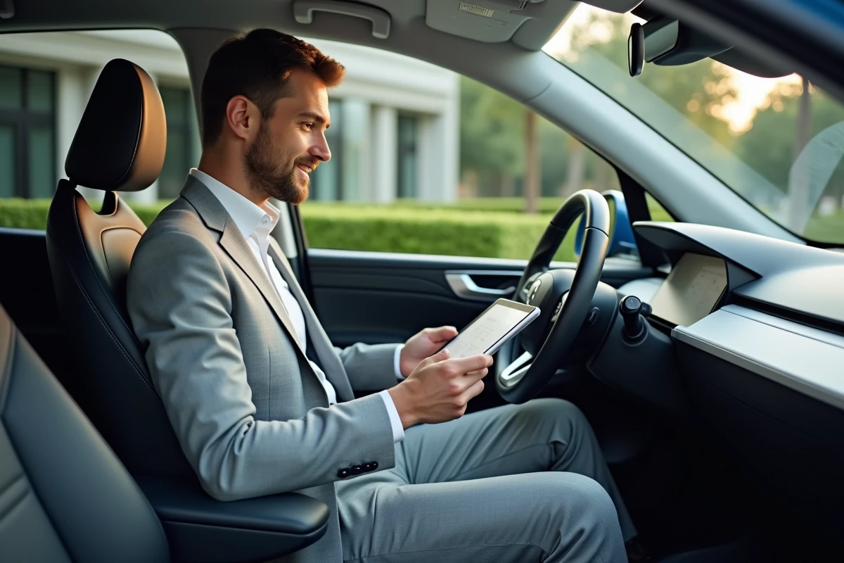 Cadre d'entreprise consultant des documents dans une voiture électrique sur le parking d'un campus professionnel