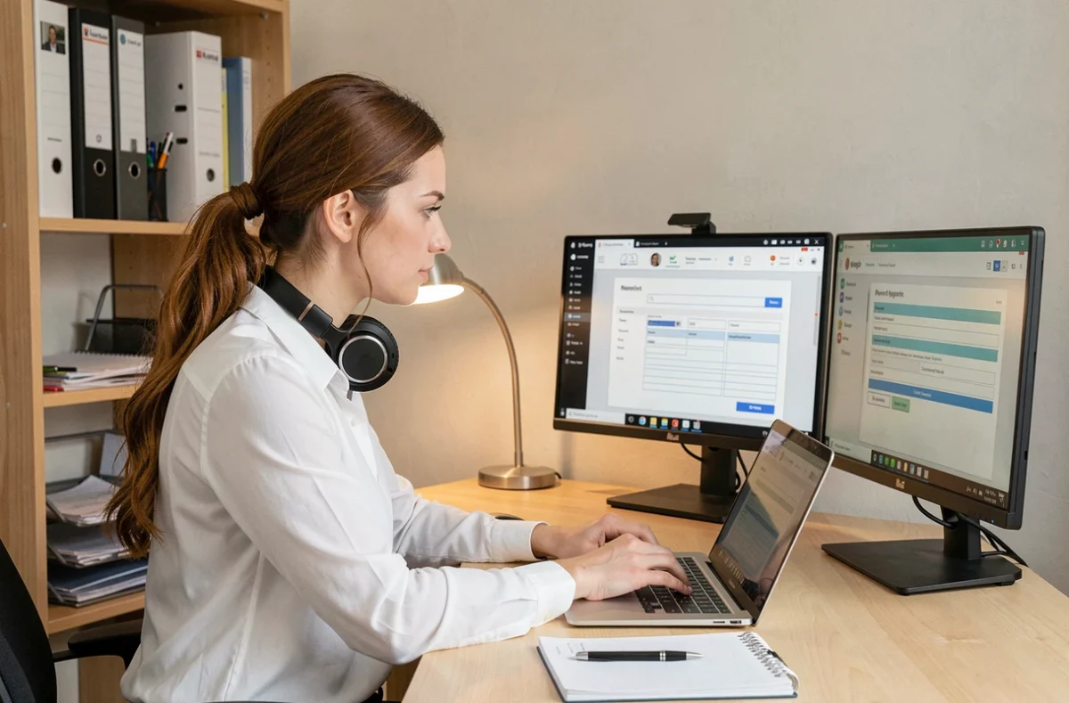 Salariée en télétravail gérant une demande RH à distance via double écran et appel vidéo RH