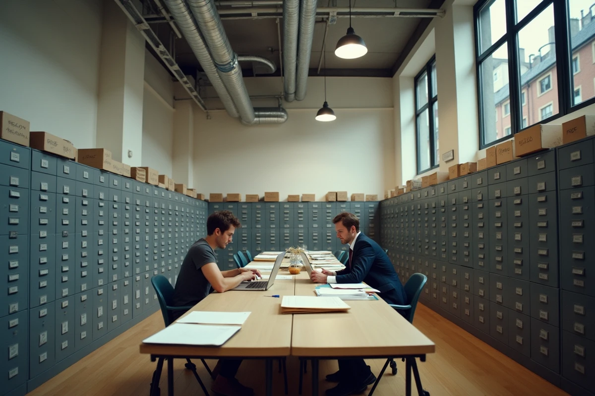 Salle d'archives institutionnelles avec classeurs et boîtes de documents, deux professionnels collaborant sur la transition numérique des données de l'économie sociale et solidaire